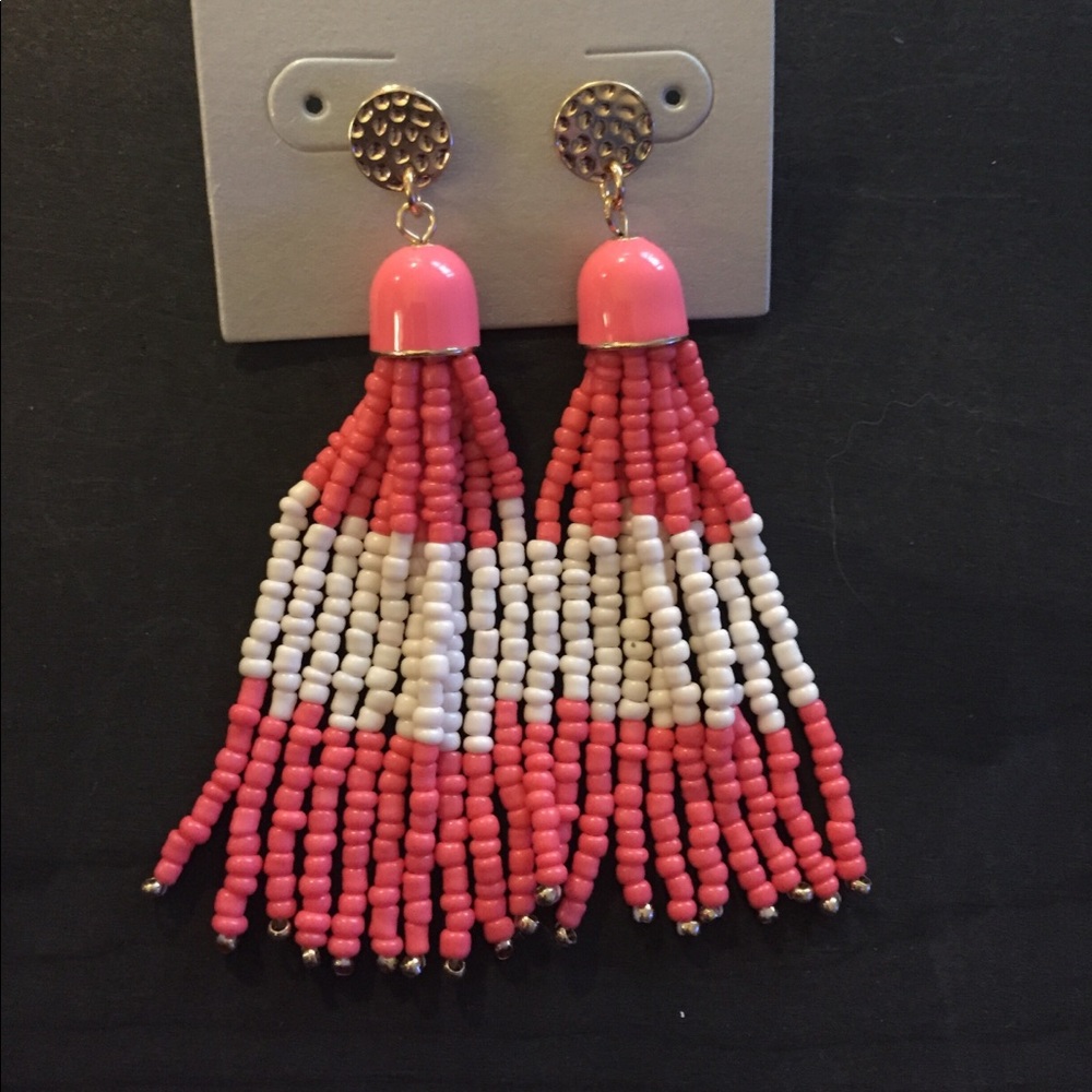 Pink and white beaded tassel earrings